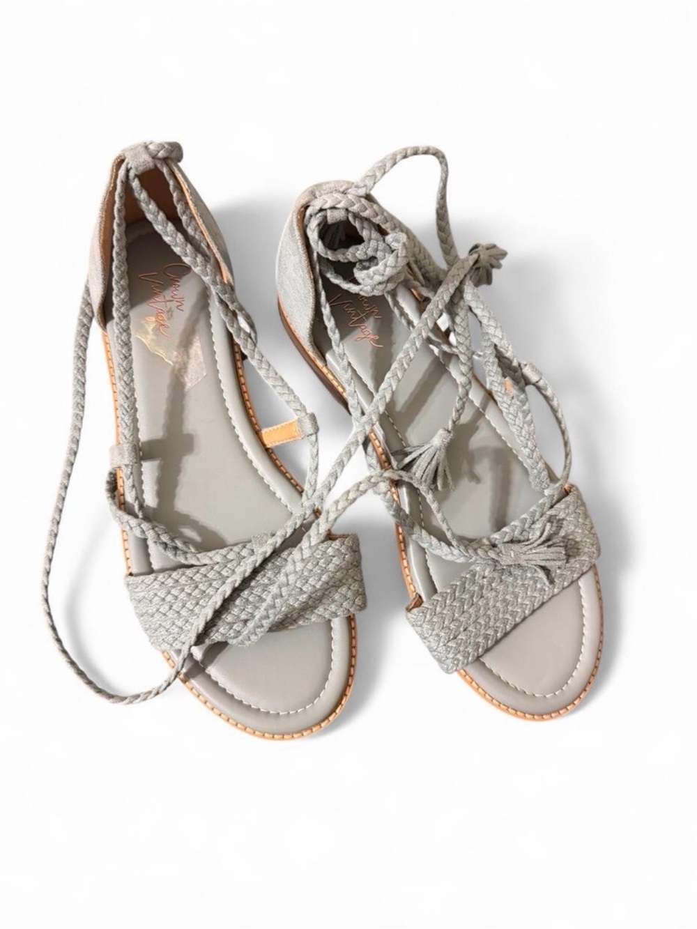 Woven Lace-Up Women's Sandals in Light Gray